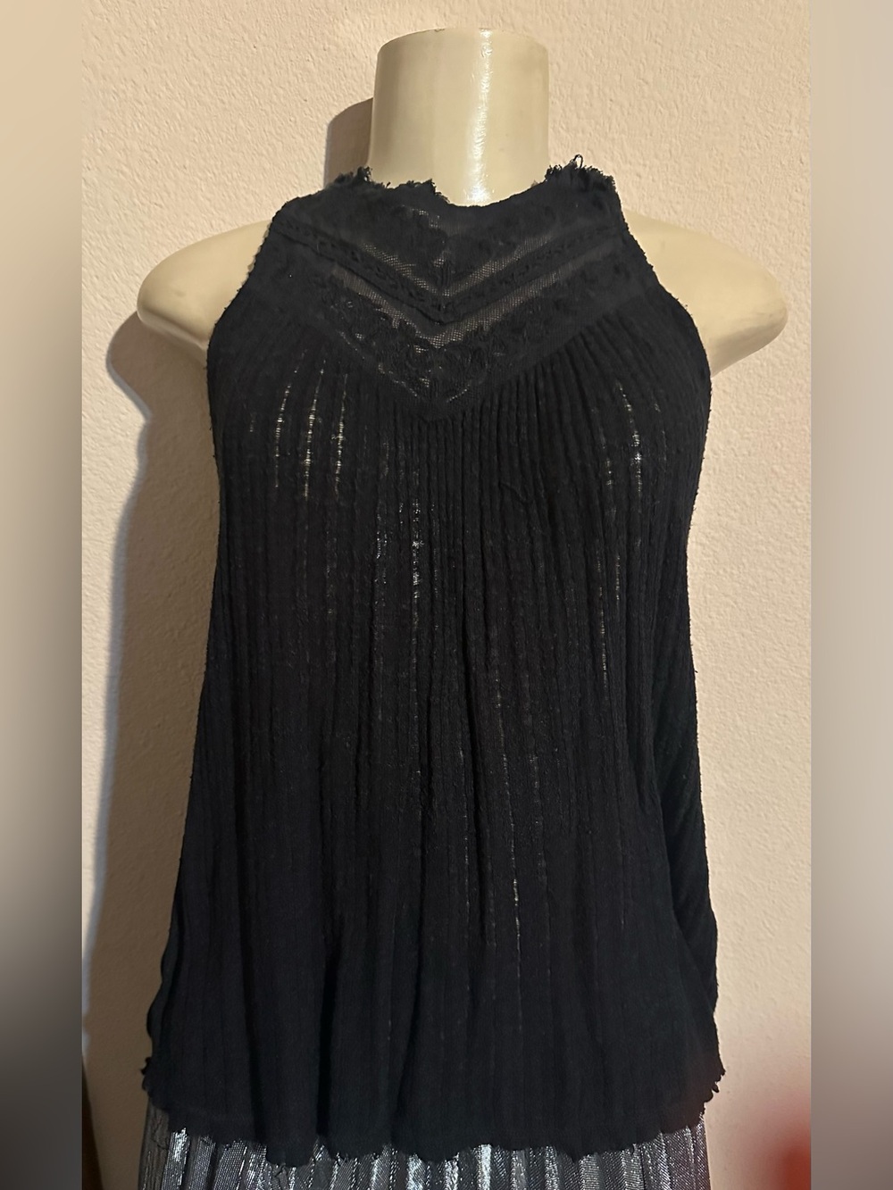 Lucky Brand Black Pleated Lace Halter Camisole